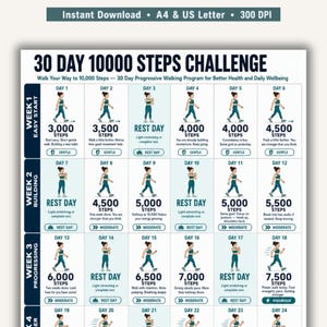 Könnte beinhalten: Ein druckbares 30-Tage-10.000-Schritte-Challenge-Diagramm. Das Diagramm ist in Wochen und Tage unterteilt, mit Schrittzielen von 3.000 bis 7.500 Schritten. Jeder Tag enthält ein Symbol einer gehenden Person und Text, der das Schrittziel und den Aktivitätsgrad angibt.