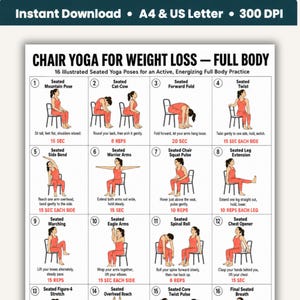 Chair Yoga for Weight Loss Style Full Body, Printable Seated Yoga Chart PDF, 16 Illustrated Poses, A4 & US Letter