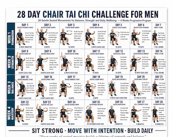 28 Day Chair Tai Chi Challenge for Men Printable, 4 Week Seated Tai Chi Program, Chair Workout for Senior Men, Balance Strength and Mobility