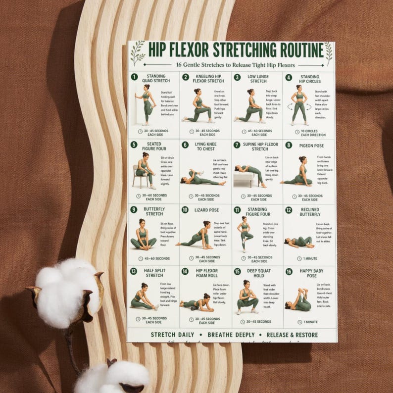 Hip Flexor Stretching Routine Printable Chart, 16 Gentle Stretches to ...