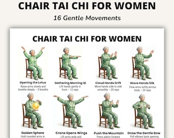 Chair Tai Chi for Women Printable Chart, Gentle Tai Chi Exercises, Seated Movement Routine, Daily Exercise Poster