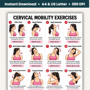 May include: A digital chart titled Cervical Mobility Exercises featuring twelve numbered illustrations of a person in a pink tank top demonstrating neck stretches and movements with instructional text and hold times in seconds for each exercise.