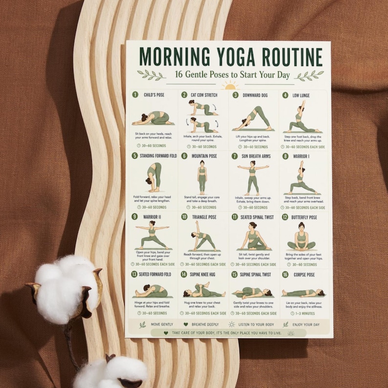 May include: A white poster titled "MORNING YOGA ROUTINE" with 16 gentle poses to start your day. The poster features illustrations of yoga poses with instructions and time durations. The poster is on a light brown surface.