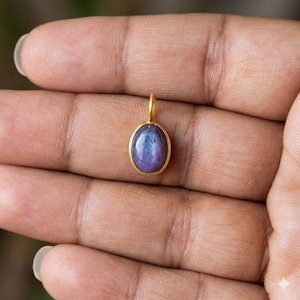 Pode incluir: Um pingente de ouro com uma pedra preciosa oval azul-púrpura. A pedra preciosa é engastada em uma moldura de ouro e tem um pequeno laço na parte superior para uma corrente. O pingente é segurado em uma mão.
