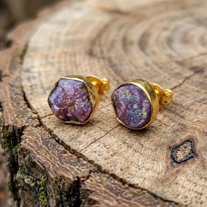 Può includere: Un paio di orecchini a bottone color oro. Ogni orecchino presenta una pietra preziosa viola grezza incastonata in una lunetta dorata. Le pietre preziose hanno una miscela di tonalità viola e verdi. Gli orecchini sono esposti su una superficie di legno.