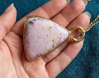 Large Rhodonite Triangle Pendant, Brass Geometric Necklace, Boho Statement Jewelry