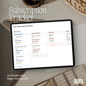 Könnte beinhalten: Ein digitales Tablet zeigt ein Dashboard zur Abonnementverfolgung an. Der Bildschirm zeigt Kategorien wie Apps & Software, Nachrichten & Bildung, Streaming und Musik mit Abonnementdetails. Der Text oben lautet "Subscription Tracker". Der Text unten lautet "Small leaks fixed. Bigger savings built."