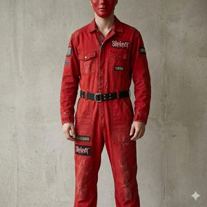 May include: Red jumpsuit with black patches and a black belt. The patches feature the band name "Slipknot", the number "7", and the year "1999". The jumpsuit has two chest pockets and a button-down front.