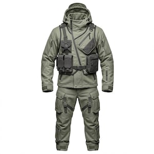 May include: An olive green tactical jacket and pants set featuring a hooded collar, an asymmetrical front zipper, and multiple dark gray utility pockets with buckles and straps. The jacket includes integrated chest pouches, while the pants feature cargo pockets.