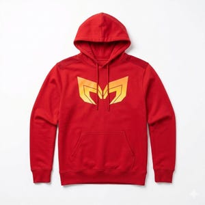 May include: A red hooded sweatshirt with a kangaroo pocket and a drawstring hood. The front features a stylized gold and orange graphic. The sweatshirt is made of a soft material.
