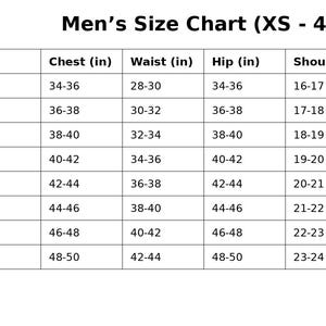 Puede incluir: Una tabla blanca titulada "Men's Size Chart (XS - 4XL)" con medidas en pulgadas para pecho, cintura, cadera y hombros. Las tallas van de XS a 4XL, con las medidas correspondientes.