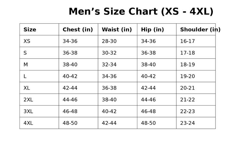 Puede incluir: Una tabla blanca titulada "Men's Size Chart (XS - 4XL)" con medidas en pulgadas para pecho, cintura, cadera y hombros. Las tallas van de XS a 4XL, con las medidas correspondientes.
