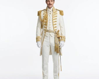 Levita blanca dorada bordada para hombre – Traje de boda militar victoriano, disfraz de príncipe
