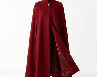 Abrigo tipo capa de lana roja, capa de invierno para mujer, elegante chaqueta tipo capa de cuello alto.