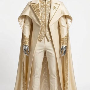 Puede incluir: Traje formal color crema con bordados dorados. El conjunto incluye un abrigo largo con capa, un chaleco y un pantal&oacute;n. El abrigo presenta un cuello alto y las iniciales "AR". La capa y las mangas est&aacute;n ribeteadas con encaje dorado.