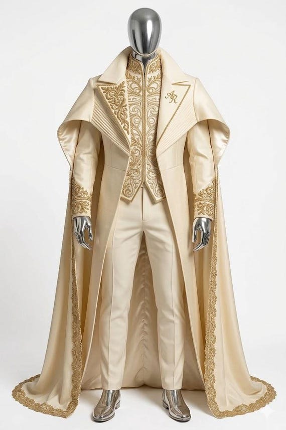 Luxury Cream Groom Suit with Cape, Embroidered Regal Wedding Tuxedo, Men’s Tailcoat Outfit
