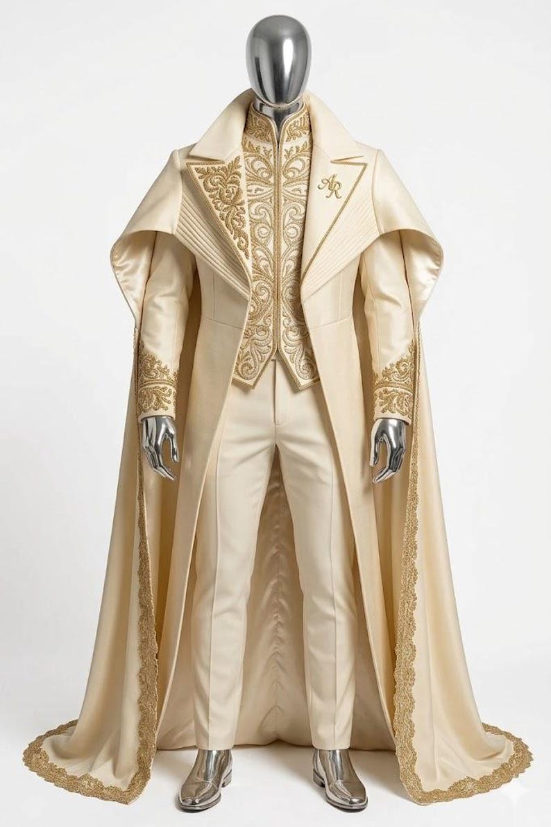 Puede incluir: Traje formal color crema con bordados dorados. El conjunto incluye un abrigo largo con capa, un chaleco y un pantal&oacute;n. El abrigo presenta un cuello alto y las iniciales "AR". La capa y las mangas est&aacute;n ribeteadas con encaje dorado.