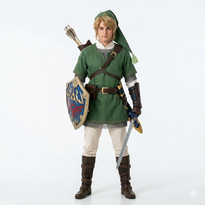 Op de afbeelding: Een persoon gekleed in een groene tuniek, wit ondershirt en een beige broek, met een bruine riem en laarzen. Ze dragen een groene hoed en houden een zwaard en schild vast. Het schild is blauw met een rood embleem.