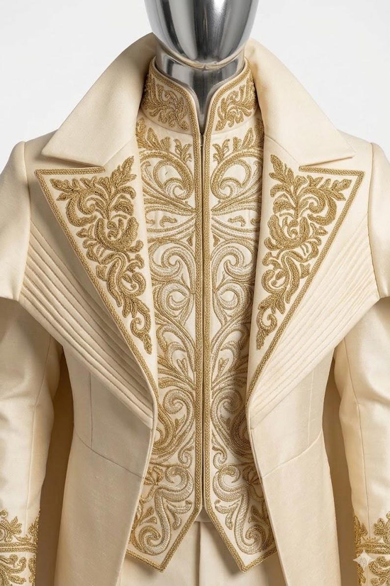 Puede incluir: Chaqueta formal de color marfil con intrincados bordados dorados. La chaqueta presenta un cuello alto, solapas detalladas y patrones dorados ornamentados en la parte delantera. El dise&ntilde;o incluye pliegues y un corte entallado.