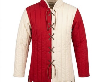 Chaqueta gambesón medieval roja y blanca, túnica de armadura acolchada, disfraz HEMA LARP