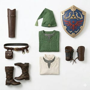 Op de afbeelding: Een cosplay-outfit met een groene tuniek, hoed en schild. De set bevat bruine leren laarzen, een riem met een tasje, een koker en armbeschermers. Het schild is blauw, goud en rood.