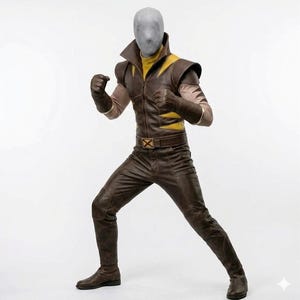 May include: A brown leather costume with yellow detailing, including a jacket, trousers, and gloves. The jacket has a high collar and a belt with a buckle. The costume is designed with a superhero theme.
