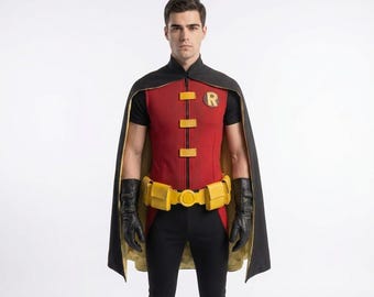 Men's Robin Inspired Superhero Costume, Red Black Cape Bodysuit, Comic Con Cosplay Outfit