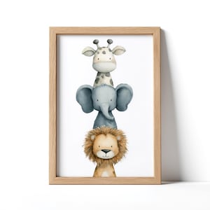 May include: A framed watercolour print featuring a giraffe, elephant, and lion, stacked. The animals are depicted in soft pastel colours. The frame is made of light wood. Ideal for a nursery or children's room.