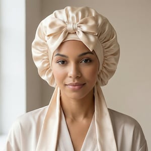 May include: A woman wearing a champagne-colored satin bonnet with a large bow on top. The bonnet has a gathered design and a matching satin robe. The woman is looking directly at the camera.