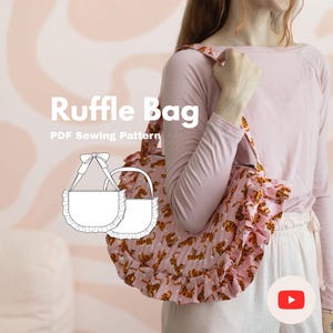 May include: A pink shoulder bag featuring a repeating tiger print and a ruffled edge. The bag has a single strap and is displayed alongside a white line drawing illustration of the bag design with the text Ruffle Bag PDF Sewing Pattern.