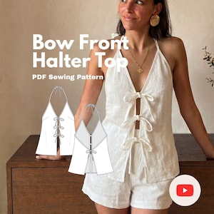Pode incluir: Um top branco estilo frente única com três laços frontais e um decote em V profundo. A imagem inclui o texto Bow Front Halter Top PDF Sewing Pattern e uma ilustração técnica de linhas mostrando as vistas frontal e traseira do design.