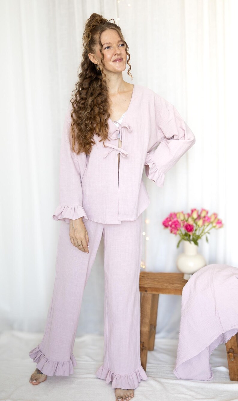 German Ruffles Pajama Set Sewing Pattern PDF | Ruffle Tie Front Top & Elastic Waist ...