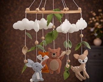 Móvil para cuna con temática de bosque, móvil para cuna infantil, móvil de fieltro con animales del bosque, regalo para bebé con oso, zorro y ciervo, decoración neutra para la habitación del bebé, móvil hecho a mano.
