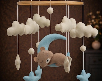 Baby Crib Mobile Felt Bear Moon, Nursery Mobile Hanging Decor, Neutral Baby Mobile, Cloud Star Mobile, Baby Shower Gift