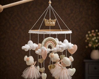 Baby Girl Crib Mobile, Ballerina Nursery Mobile, Pink Gold Cloud Heart Mobile, Felt Baby Mobile, Princess Nursery Decor, Baby Shower Gift