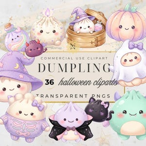 Puede incluir: Una colección de 36 ilustraciones digitales tipo clipart que muestran adorables dumplings antropomórficos con diversos disfraces de Halloween, incluyendo bruja, fantasma, vampiro y esqueleto, junto a calabazas y pociones.