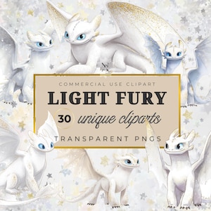 Puede incluir: Colección de imágenes prediseñadas de dragones blancos con ojos azules y detalles dorados. El texto en la imagen dice "LIGHT FURY" y "30 unique cliparts". El fondo es una suave mezcla de blanco, dorado y gris.