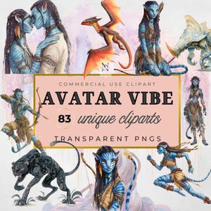 Puede incluir: Colección de arte digital inspirada en la película Avatar, con personajes Na'vi, un dragón y una pantera. La obra de arte incluye el texto "AVATAR VIBE" y "83 cliparts únicos". Imágenes PNG transparentes.