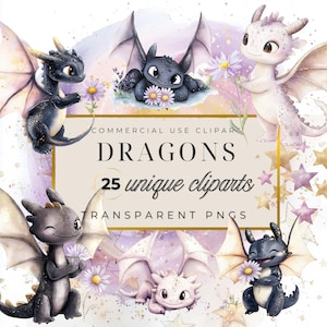 May include: A digital collection of 25 unique dragon clipart images in transparent PNG format. The graphic features several small, stylized dragons in black and white color schemes, some holding flowers, surrounded by stars and soft watercolor accents.