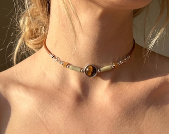 Tiger Eye Stone Choker Necklace, Leather Cord Necklace, Boho Gemstone Choker, Unisex Retro Jewelry, Dainty Clavicle Necklace, Gift for Her