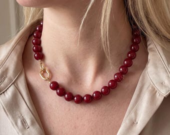 Dark Red Agate Bead Necklace, Burgundy Stone Choker, Gold Toggle Clasp Necklace, Chunky Beaded Jewelry, Statement Necklace, Gift for Her