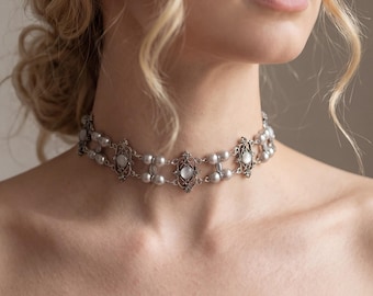 Vintage Pearl Choker Necklace, Gothic Filigree, Victorian Style Antique Silver Jewelry