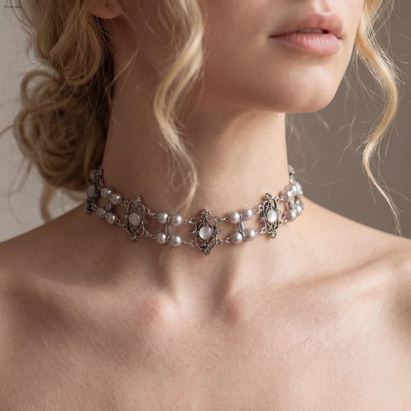 Vintage Pearl Choker Necklace, Gothic Filigree, Victorian Style Antique Silver Jewelry