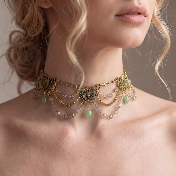 Gold Butterfly Crystal Choker, Victorian Draped Chain Necklace, Vintage Green Bead Choker,  Gift for Her