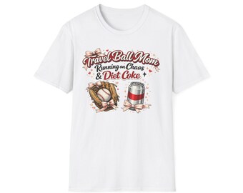 Travel Ball Mom T-Shirt - "Running on Chaos & Diet Coke" Baseball Mom Tee