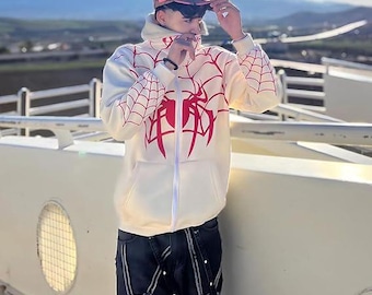 Y2K Spider Zip Up Hoodie, Oversized Spider web Hoodie, Streetwear Goth Hoodie, Spider Grunge Graphic Sweatshirt, Unisex Gift