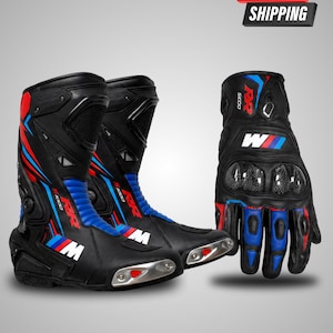Men's Motorbike Racing Boots - Handmade Cowhide Leather Motorcycle Riding Boots & Gloves Set- Track Day Motorcycle Gears - Bike Riders Boots