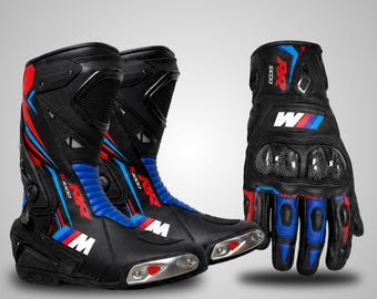 Stivali da moto da corsa da uomo - Set di stivali e guanti da moto in pelle bovina fatti a mano - Abbigliamento da moto per giornate in pista - Stivali da motociclista