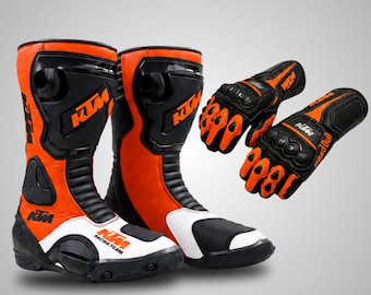 Men's Motorbike Racing Boots - Handmade Cowhide Leather Motorcycle Riding Boots & Gloves Set- Track Day Motorcycle Gears -KTM Riding Boots