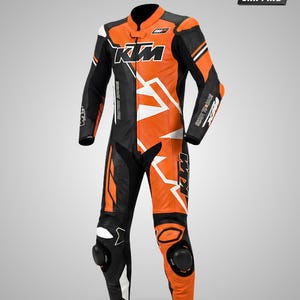 May include: A one-piece motorcycle racing suit in black, orange, and white. The suit features the KTM logo on the chest, sleeves, and legs, with integrated black knee protectors, a mandarin collar, and perforated leather panels on the torso.